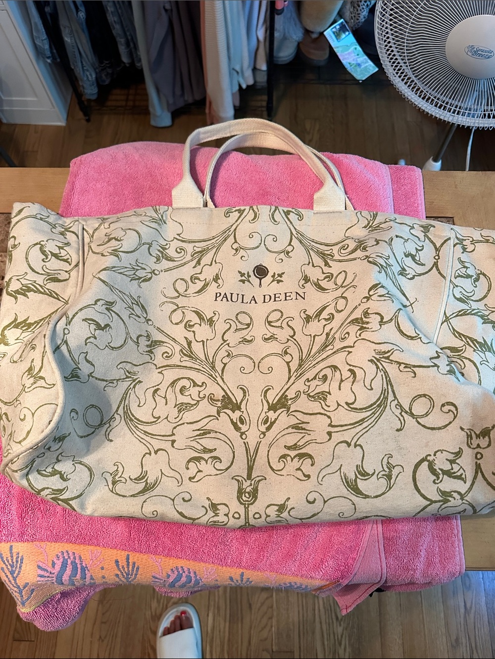 Paula Deen Cream Canvas Tote with Olive Scroll Design